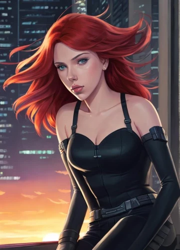 black widow,scarlet witch,cg artwork,red-haired,femme fatale,clary,transistor,sci fiction illustration,spy,game illustration,darth talon,catwoman,poison ivy,kat,redhair,red head,eve,elza,dusk background,black suit,Common,Common,Japanese Manga