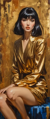 gold lacquer,mary-gold,gold paint stroke,gold paint strokes,art deco woman,gold leaf,gilding,cleopatra,gold color,yellow-gold,gold foil art,woman sitting,gold wall,oil painting,meticulous painting,fashion illustration,portrait background,vesper,girl in a long,transistor
