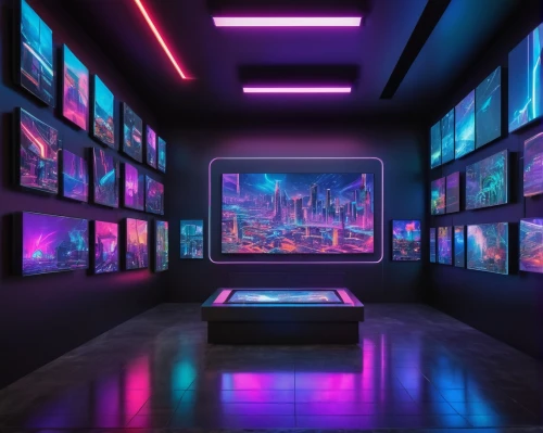 futuristic art museum,art gallery,gallery,color wall,art museum,ultraviolet,computer room,blue room,modern room,wall,art world,a museum exhibit,aesthetic,neon lights,game room,computer art,ufo interior,digiart,art background,colored lights,Illustration,American Style,American Style 02