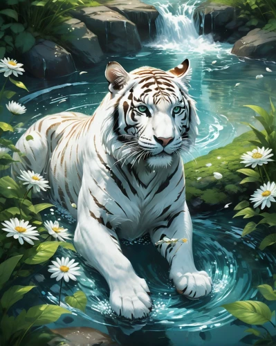 white tiger,white bengal tiger,bengal tiger,a tiger,asian tiger,siberian tiger,tiger,blue tiger,royal tiger,type royal tiger,tigers,bathing,tiger cub,lion white,tigerle,amur adonis,bengal,lilly of the valley,digital painting,world digital painting,Conceptual Art,Fantasy,Fantasy 02