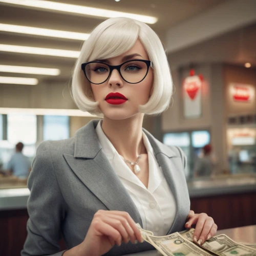 blonde woman reading a newspaper,businesswoman,business woman,retro woman,bank teller,business girl,receptionist,retro women,white-collar worker,businesswomen,bussiness woman,cashier,business women,salesgirl,stewardess,blonde woman,retro girl,reading glasses,librarian,cigarette girl,Photography,General,Cinematic