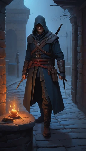 assassin,monk,the wanderer,hooded man,merchant,blacksmith,vendor,dwarf sundheim,monks,prejmer,dodge warlock,game illustration,middle eastern monk,pilgrim,cloak,aesulapian staff,hooded,assassins,candlemaker,shopkeeper,Illustration,Realistic Fantasy,Realistic Fantasy 27