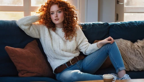 woman sitting,sweater,woman drinking coffee,girl sitting,knitting clothing,crochet,christmas knit,relaxed young girl,female model,sitting on a chair,redhair,cardigan,crochet pattern,knit,young woman,white boots,redheads,crossed legs,sofa,knitted,Illustration,Realistic Fantasy,Realistic Fantasy 25