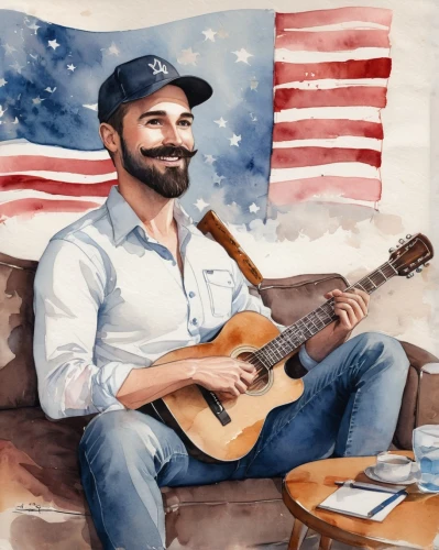 patriot,americana,banjo player,painted guitar,cavaquinho,musician,guitar,american,country song,artist portrait,guitar player,passenger groove,acoustic guitar,concert guitar,watercolor painting,watercolor,patriotism,patriotic,the guitar,banjo guitar,Illustration,Paper based,Paper Based 25