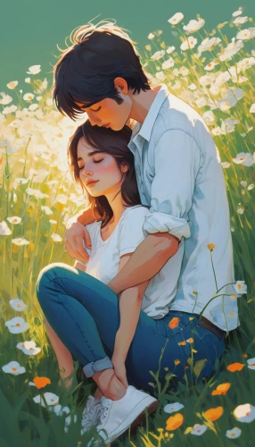 idyll,falling flowers,romantic scene,picking flowers,on the grass,young couple,boy and girl,meadow,daisies,girl and boy outdoor,embrace,girl lying on the grass,romantic portrait,studio ghibli,clover meadow,dandelions,hug,little boy and girl,everlasting flowers,tender,Illustration,Paper based,Paper Based 19