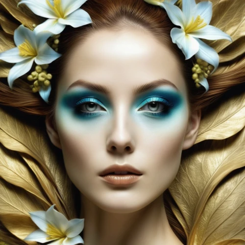 elven flower,flower gold,gold flower,flowers png,golden flowers,flower fairy,jasmine blue,blue flower,women's cosmetics,faery,blue petals,retouching,natural cosmetics,eyes makeup,splendor of flowers,blooming wreath,laurel wreath,cosmetics,blue bonnet,blue flowers,Illustration,Realistic Fantasy,Realistic Fantasy 10