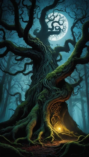 celtic tree,magic tree,the branches of the tree,haunted forest,forest tree,tree of life,creepy tree,fantasy picture,halloween background,druid grove,forest dark,enchanted forest,oak tree,circle around tree,the roots of trees,old tree,the branches,sacred fig,tree heart,halloween bare trees,Illustration,Realistic Fantasy,Realistic Fantasy 04