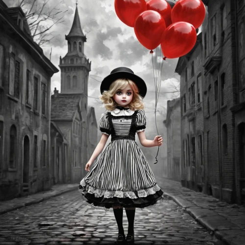 little girl with balloons,red balloon,marionette,red balloons,queen of hearts,balloon,alice,it,alice in wonderland,ballon,photo manipulation,valentine balloons,tumbling doll,balloon-like,pierrot,wonderland,doll dress,photomanipulation,balloons,balloon trip,Conceptual Art,Oil color,Oil Color 10