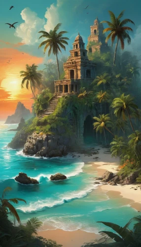 tropical island,tropical house,tropical sea,landscape background,an island far away landscape,coastal landscape,beach landscape,tropical beach,island,beach scenery,ocean background,fantasy landscape,artemis temple,tropics,summer background,ocean paradise,cuba background,sea shore temple,world digital painting,islands,Conceptual Art,Oil color,Oil Color 01