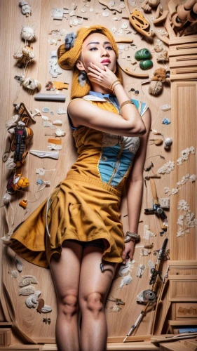 conceptual photography,bodypainting,pin-up girl,torn dress,clothespins,pin-up,pin-up model,art photography,cardboard background,pin-up girls,pin up girl,photo manipulation,body painting,pin ups,wooden doll,pinup girl,art model,pinocchio,wooden mannequin,pencil sharpener waste