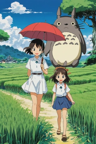 studio ghibli,my neighbor totoro,yo-kai,komajirou,bulbasaur,pokémon,yamada's rice fields,ori-pei,hiyayakko,hokkaido,haruhi suzumiya sos brigade,mow,pokemon,anime japanese clothing,shirakami-sanchi,kawaii children,asian umbrella,would a background,matsuno,summer umbrella,Illustration,Japanese style,Japanese Style 06