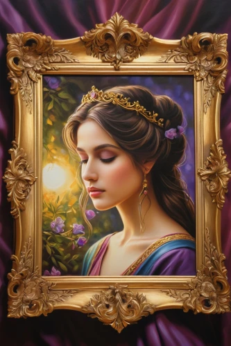 art nouveau frame,emile vernon,la violetta,peony frame,roses frame,oil painting on canvas,decorative frame,mystical portrait of a girl,art nouveau frames,rose frame,jasmine-flowered nightshade,romantic portrait,beautiful frame,gold frame,art painting,floral frame,art deco frame,jasmine,flowers frame,purple frame,Conceptual Art,Fantasy,Fantasy 30