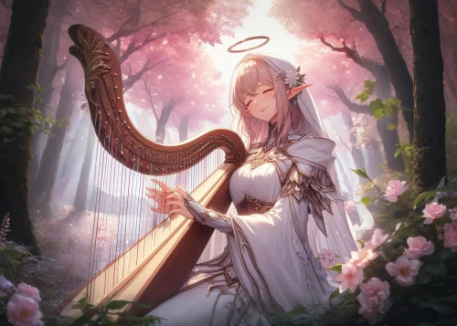 harp with flowers,harp player,celtic harp,harp,angel playing the harp,lily of the field,serenade,harp of falcon eastern,ancient harp,sword lily,harpist,lily of the valley,orchestra,bridal veil,music fantasy,orchestral,lyre,lilly of the valley,rusalka,the flute