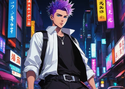 anime japanese clothing,yukio,purple wallpaper,spike,kado,jin deui,nikko,purple background,stylish boy,anime boy,tokyo city,gangstar,pompadour,kanji,ninja,shinjuku,ren,punk,trunks,wiz,Illustration,Abstract Fantasy,Abstract Fantasy 02