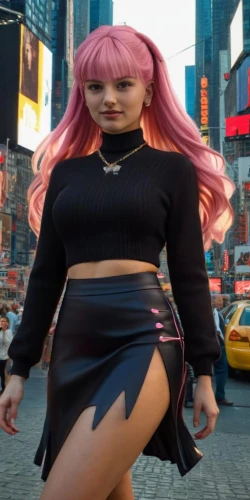 mini e,pink hair,silphie,ny,see-through clothing,mini,rockabella,skort,her,city trans,barbie,plus-size model,edit,cyberpunk,hip,latex clothing,ammo,marylyn monroe - female,futuristic,vada,Female,Western Europeans,Straight hair,Youth adult,M,Confidence,Underwear,Outdoor,Times Square
