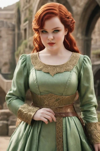 princess anna,celtic queen,celtic woman,tiana,princess sofia,fairy tale character,merida,bodice,disney character,cinderella,hoopskirt,green dress,a charming woman,women's clothing,ball gown,fantasy woman,a princess,queen anne,female hollywood actress,girl in a historic way,Photography,Cinematic