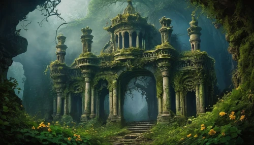 mausoleum ruins,hall of the fallen,ancient city,necropolis,ruins,abandoned place,the ruins of the,elven forest,witch's house,pillars,ancient house,ghost castle,haunted cathedral,ruin,lost place,fantasy landscape,forest chapel,dandelion hall,portal,fantasy picture,Illustration,Retro,Retro 13
