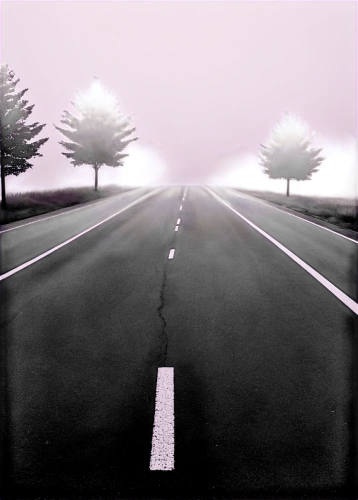 empty road,road,the road,road to nowhere,vanishing point,roads,purple landscape,light purple,straight ahead,road forgotten,long road,asphalt,the purple-and-white,open road,foggy landscape,dense fog,crossroad,racing road,highway,roadway,Illustration,Black and White,Black and White 18