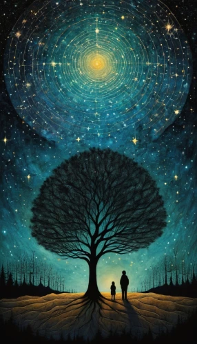 astronomers,tree of life,magic tree,starfield,astronomy,the universe,the moon and the stars,circle around tree,celestial bodies,the night sky,stargazing,wondertree,moon and star background,lone tree,two people,astronomer,starry sky,background image,the branches of the tree,travelers,Illustration,Abstract Fantasy,Abstract Fantasy 19
