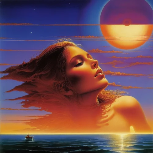 venus,dune,heliosphere,dune sea,venus comb,dune 45,1982,1986,andromeda,sun,red sun,honeymoon,summersun,eclipse,dawn,orange sky,golden sands,fantasia,1980s,3-fold sun,Conceptual Art,Sci-Fi,Sci-Fi 19