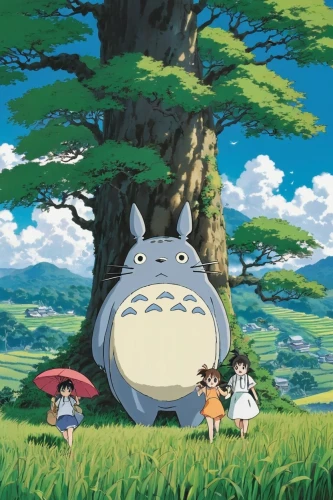 my neighbor totoro,studio ghibli,round hut,yo-kai,grass family,bulbasaur,komajirou,korokke,ori-pei,giant frog,protect,kumano kodo,pokémon,aerostat,uruburu,hokkaido,to protect,pokemon,background image,happy family,Illustration,Japanese style,Japanese Style 06