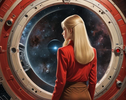 sci fiction illustration,man in red dress,lady in red,space art,andromeda,heliosphere,red tunic,red coat,red skirt,asuka langley soryu,pioneer 10,space-suit,porthole,spacesuit,red planet,girl in red dress,cosmonautics day,capsule,astronomer,astronautics,Conceptual Art,Sci-Fi,Sci-Fi 20