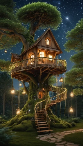 tree house,treehouse,tree house hotel,house in the forest,wooden house,studio ghibli,fantasy picture,tree top,little house,home landscape,treetops,beautiful home,treetop,log home,witch's house,tree tops,crooked house,the japanese tree,log cabin,summer cottage,Photography,General,Realistic