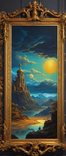 frederic church,desert landscape,golden frame,fantasy landscape,gold frame,desert desert landscape,art nouveau frame,art deco frame,gold stucco frame,decorative frame,landscape background,beautiful frame,desert background,copper frame,fantasy art,frame illustration,cloud shape frame,art painting,wooden frame,gold castle,Conceptual Art,Sci-Fi,Sci-Fi 18