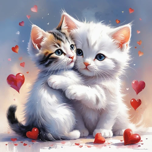 cat love,kittens,cat lovers,sweethearts,puffy hearts,cute animals,two hearts,painted hearts,cute cartoon image,heart clipart,valentine clip art,cute cat,turkish van,a heart for animals,love couple,baby cats,two cats,love in air,affection,romantic portrait,Conceptual Art,Oil color,Oil Color 03