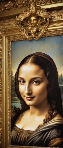 the mona lisa,mona lisa,meticulous painting,gold stucco frame,art painting,girl with a pearl earring,copper frame,italian painter,vinci,paintings,gold frame,photo painting,glass painting,leonardo da vinci,decorative frame,art deco frame,louvre,orsay,oil painting on canvas,wooden frame,Illustration,Black and White,Black and White 03