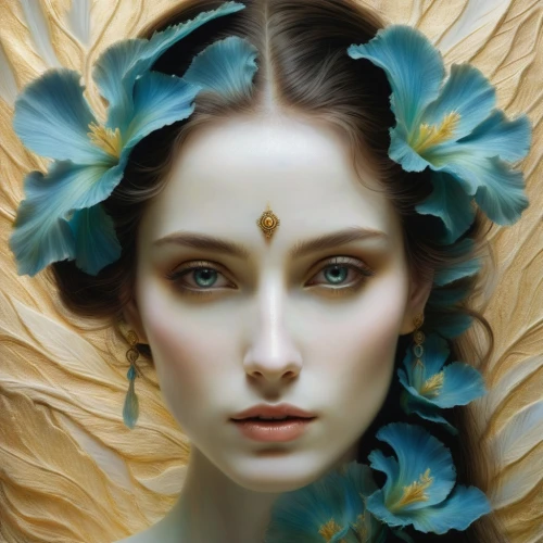 fantasy portrait,mystical portrait of a girl,golden wreath,girl in a wreath,elven flower,faery,headdress,flora,blue rose,the angel with the veronica veil,faerie,jasmine blue,kahila garland-lily,dryad,blooming wreath,flower fairy,spring crown,gold leaf,fantasy art,wreath of flowers,Illustration,Paper based,Paper Based 23