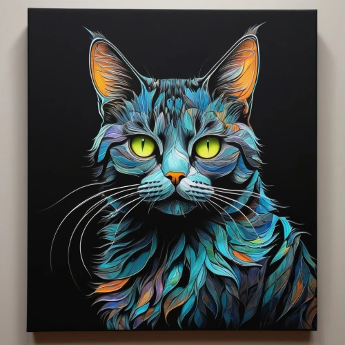 cat portrait,cat vector,cat on a blue background,maincoon,cat frame,cat with blue eyes,black paper,tabby cat,blue eyes cat,cat,breed cat,lynx,glass painting,bengal cat,animal portrait,cat image,feline,silver tabby,domestic short-haired cat,oil painting on canvas,Illustration,Realistic Fantasy,Realistic Fantasy 23