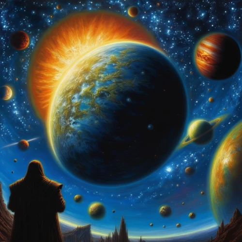 planets,planetary system,space art,astronomy,alien planet,planet eart,celestial bodies,fantasy art,copernican world system,sci fiction illustration,fantasy picture,exoplanet,solar system,alien world,the solar system,planetarium,universe,starscape,astronomer,binary system,Illustration,Realistic Fantasy,Realistic Fantasy 03
