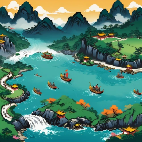 boat rapids,boat landscape,floating islands,dragon boat,river landscape,fishing village,islands,an island far away landscape,monkey island,cartoon video game background,boats,canoes,guizhou,chinese background,dragon bridge,game illustration,karst landscape,archipelago,vietnam,dragonboat,Unique,Design,Sticker