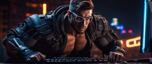 cyberpunk,cyber glasses,man with a computer,bane,cyborg,operator,cyber,merc,mercenary,compute,night administrator,electro,neon human resources,pc,computer game,computer,computer freak,vendetta,dj,enforcer,Illustration,Realistic Fantasy,Realistic Fantasy 44