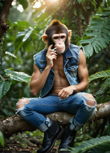 nature and man,tarzan,man talking on the phone,ape,primate,bonobo,male model,nature photographer,the thinker,forest man,jungle,farmer in the woods,male elf,garden of eden,orang utan,great apes,chimpanzee,aaa,forest background,monkey banana,Conceptual Art,Daily,Daily 11