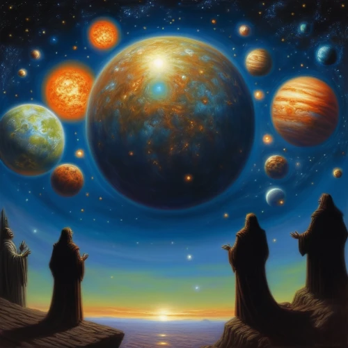 planetary system,planets,copernican world system,astronomy,celestial bodies,astronomers,space art,the universe,solar system,alien planet,the solar system,spheres,universe,planet eart,fantasy picture,astral traveler,alien world,pillars of creation,galilean moons,fantasy art,Illustration,Realistic Fantasy,Realistic Fantasy 03