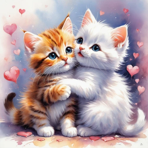 cat love,cute animals,kittens,sweethearts,cute cartoon image,cat lovers,cute cat,love couple,puffy hearts,heart clipart,turkish van,sweeties,baby cats,kawaii animals,two cats,valentine clip art,affection,amorous,tenderness,two hearts,Conceptual Art,Oil color,Oil Color 03