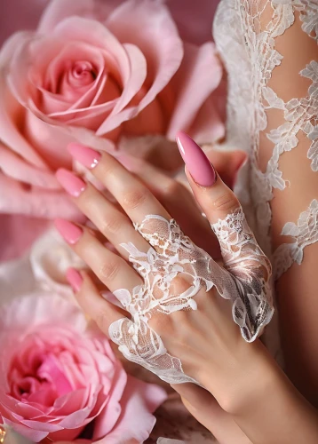 manicure,vintage lace,bridal jewelry,wedding rings,bridal accessory,pink roses,petals of perfection,bridal clothing,royal lace,wedding dresses,wedding ring,scent of roses,filigree,romantic rose,rose pink colors,sugar roses,paper lace,flower ribbon,woman hands,femininity,Conceptual Art,Oil color,Oil Color 20