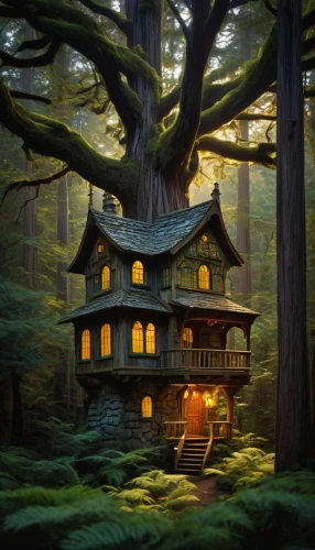 house in the forest,tree house,treehouse,tree house hotel,wooden house,little house,log home,witch's house,ancient house,small house,crooked house,timber house,studio ghibli,miniature house,fairy house,witch house,log cabin,lonely house,home landscape,my neighbor totoro,Illustration,Abstract Fantasy,Abstract Fantasy 19