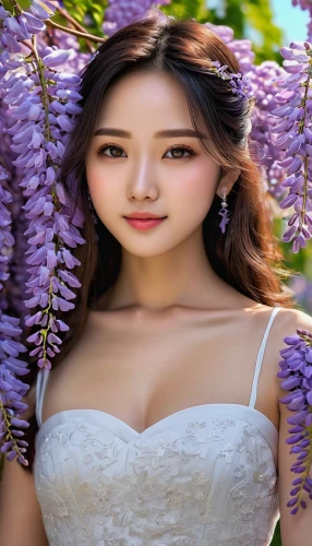 beautiful girl with flowers,flower background,purple background,vietnamese woman,girl in flowers,asian woman,spring background,japanese sakura background,phuquy,portrait background,flowers png,flower fairy,korean,hanbok,springtime background,romantic look,lilac blossom,miss vietnam,asian girl,sakura background,Photography,General,Realistic