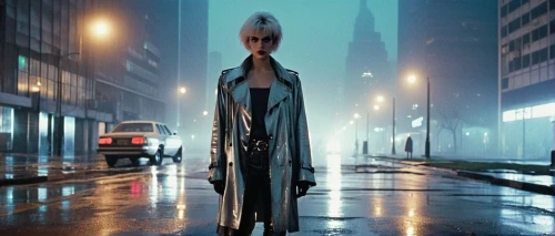 cyberpunk,metropolis,cruella,long coat,cruella de ville,dystopian,futuristic,elsa,monsoon banner,trench coat,femme fatale,coat,merc,valerian,pedestrian,raincoat,tilda,city ​​portrait,walking in the rain,vertigo,Art,Artistic Painting,Artistic Painting 23