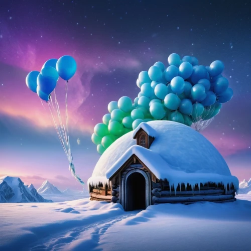 snowhotel,hot-air-balloon-valley-sky,blue balloons,snow house,winter house,star balloons,frozen bubble,winter background,igloo,colorful balloons,ice planet,snow shelter,christmas snowy background,north pole,blue heart balloons,hot air balloons,christmas landscape,snow roof,snow scene,winter dream,Conceptual Art,Fantasy,Fantasy 13
