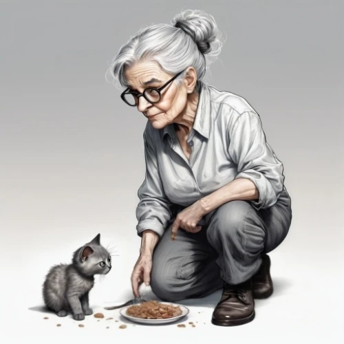 woman holding pie,elderly lady,pensioner,cat food,elderly person,nanny,old woman,woman eating apple,grandma,grandmother,girl with cereal bowl,granny,pet food,food icons,human and animal,old age,gray cat,pet,senior citizen,older person