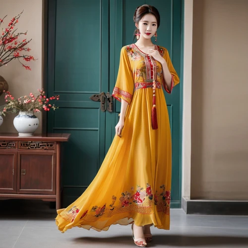 ao dai,hanbok,ethnic design,sari,oriental princess,raw silk,women clothes,miss vietnam,women fashion,vietnamese woman,yellow chrysanthemum,yellow orange,evening dress,girl in a long dress,women's clothing,yellow color,yellow peach,ethnic,oriental girl,vintage dress,Illustration,Retro,Retro 21