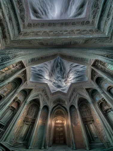 marble palace,hall of the fallen,the ceiling,iranian architecture,haunted cathedral,fractals art,mandelbulb,ghost castle,persian architecture,celsus library,ceiling,immenhausen,crypt,fractalius,ancient roman architecture,fractal art,mausoleum,mortuary temple,360 °,vaulted ceiling