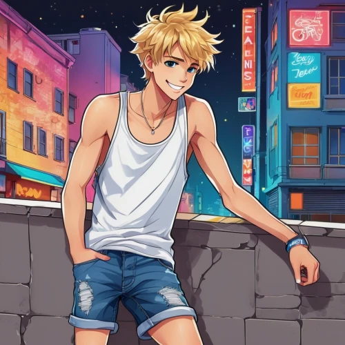 jean shorts,anime boy,adonis,jeans background,stylish boy,cool blonde,codes,ren,boruto,anime japanese clothing,darjeeling,summer background,ken,tangelo,sleeveless shirt,summer clothing,blonde sits and reads the newspaper,male character,skater,blond,Unique,Design,Sticker