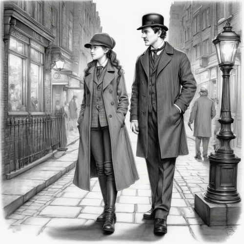 sherlock holmes,roaring twenties couple,vintage man and woman,sleuths,greatcoats,overcoat,greatcoat,overcoats,detectives,vintage boy and girl,paris clip art,peacoats,mobster couple,sherlockian,edwardians,detective,deerstalker,holmes,amants,inspecteur,Illustration,Black and White,Black and White 30
