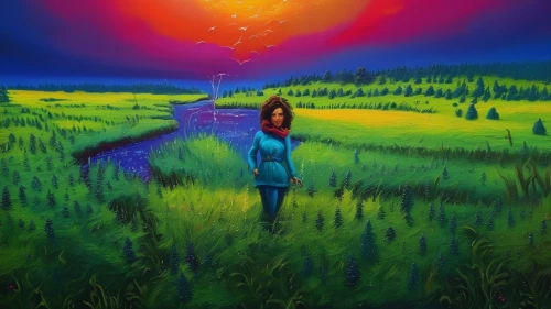 psychedelic art,mother earth,oil painting on canvas,mystical portrait of a girl,woman thinking,world digital painting,fantasy picture,shamanic,art painting,girl with tree,yogananda,girl in a long,purple landscape,mirror in the meadow,fantasy art,shamanism,surrealism,oil painting,morning illusion,girl on the dune,Conceptual Art,Sci-Fi,Sci-Fi 12