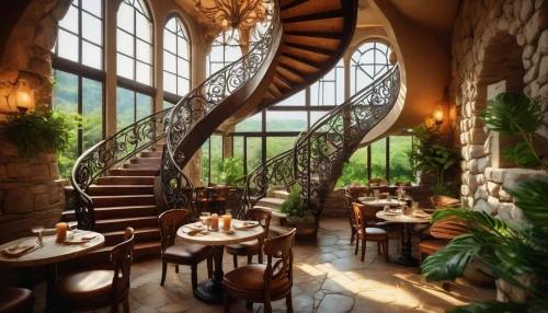 breakfast room,winding staircase,dining room,alpine restaurant,fine dining restaurant,outside staircase,circular staircase,spiral staircase,outdoor dining,auberge,staircase,oread,stone stairs,tearoom,ristorante,domaine,cochere,a restaurant,staircases,greystone,Conceptual Art,Fantasy,Fantasy 14